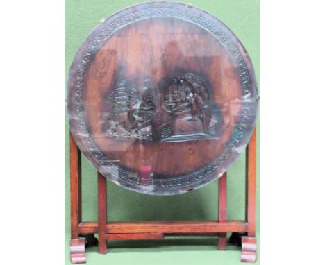 Mid 20th century carved glass topped Oriental folding side table. Approx. 81x 61cms D

reasonable used with scuffs scratches 