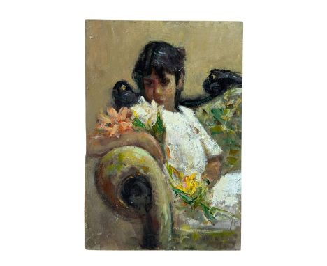 Woman on Sofa in the Impressionist style - Oil painting on board, 20th century, Italian school, depicting Woman on Sofa in th