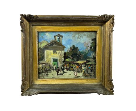 Street with a church and figures - Ermogene Miraglia - Oil painting on canvas applied to cardboard, 20th century, Italian sch