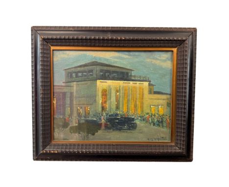 Characters with a vintage building and car - Oil painting on canvas applied to cardboard, from the 20th century, depicting Ch