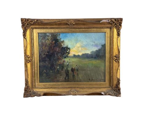 Landscape with figures - Ermogene Miraglia - Oil painting on panel, 20th century, Italian school, depicting a landscape with 