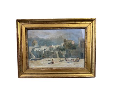 Seascape with figures - R. Orsini - Oil painting on cardboard, from the 20th century, circa 1930-1940, Italian school, depict