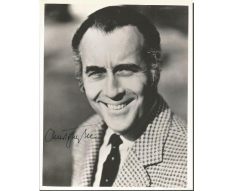 Christopher Lee signed 10 x 8 inch b/w portrait photo Good condition. All signed items come with Certificate of Authenticity.