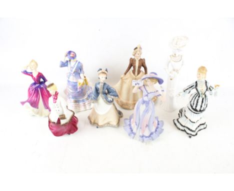Eight ceramic figures of ladies. Comprising Royal Doulton 'Melissa', 'Janice' and 'La Loge', Coalport 'Autumn Stroll' and 'Re