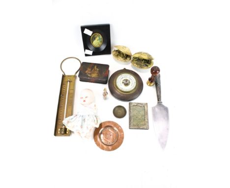 An assortment of collectables. Including a barometer, painted tobacco box, a thermometer, etc.