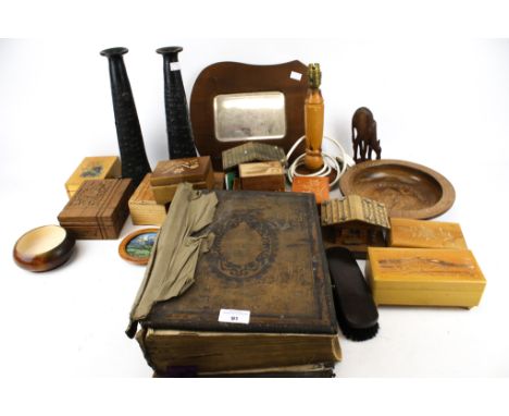 An assortment of collectables. Including treen, a bible, wall mirror and various boxes