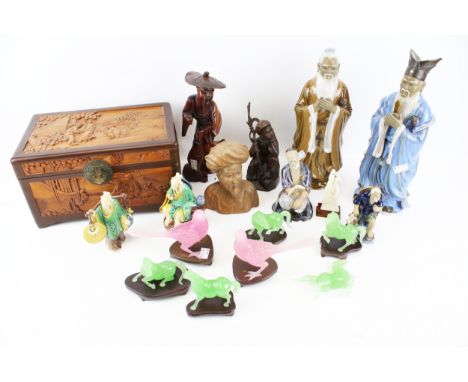 A collection of assorted Chinese items. Including carved box, glass and ceramic human and animal figures, etc. Max. H33cm