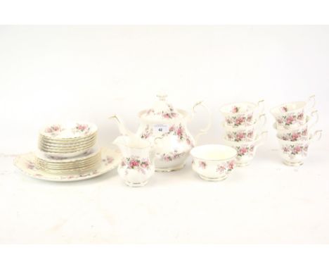 A Royal Albert 'Lavender Rose' tea set. Including tea pot, milk jug, sugar bowl, six cups and saucers, etc. Max. H20cm