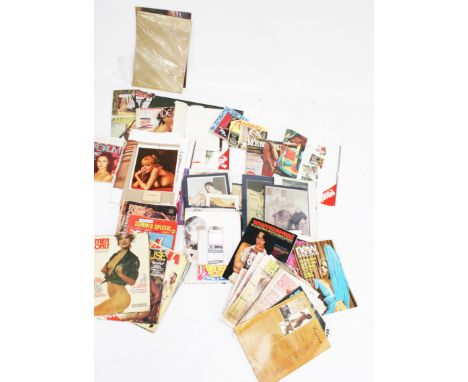An assortment of vintage erotic collectables. Including calendars, magazines, glazed prints, etc.