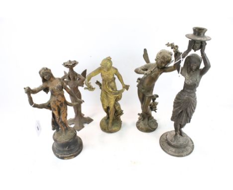 Collection of five spelter metal figures. Including an 'Eygptian' candlestick, etc. Max. H39cm