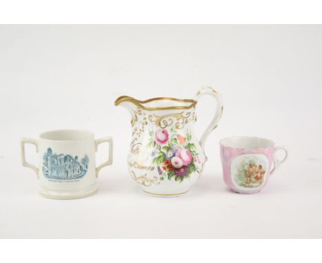 A collection of three assorted vintage ceramic items. Including a commemorative Glastonbury visit cider mug 1909, a marriage 