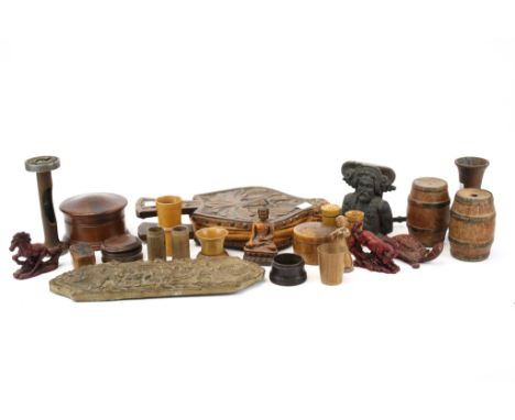 A group of assorted vintage collectables and treen items. Including fruitwood dice shakers, boxes, a Budha figure and a bello