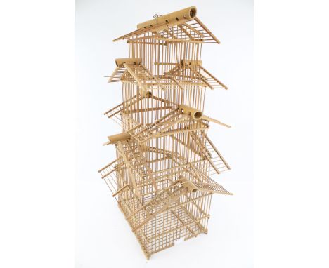 A vintage bamboo pagoda bird cage. Three tiers, H73cm