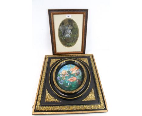 A framed ceramic plaque and a contemporary pastel drawing. The plaque printed with a fairy painting by Cicely Mary Barker, in