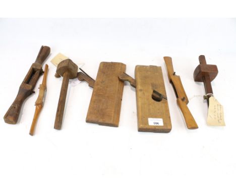 An assortment of old wood working tools. Including marking gauges (one by Robinson Hall, Sheffield), three soke shaves for ca