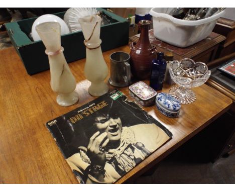 Pair of alabaster vases 1970s Elvis album, trinket box etc