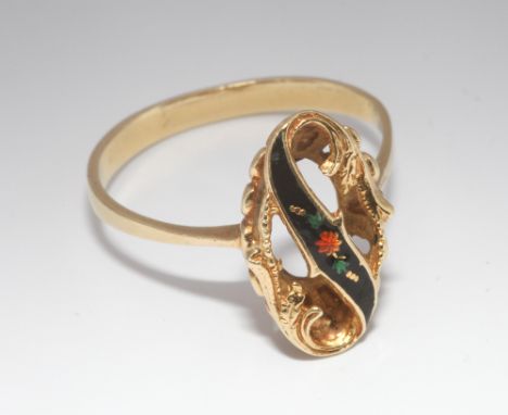 Ladies dress ring set with oval panel with black green and orange enamelled floral design, Continental unmarked ring size app