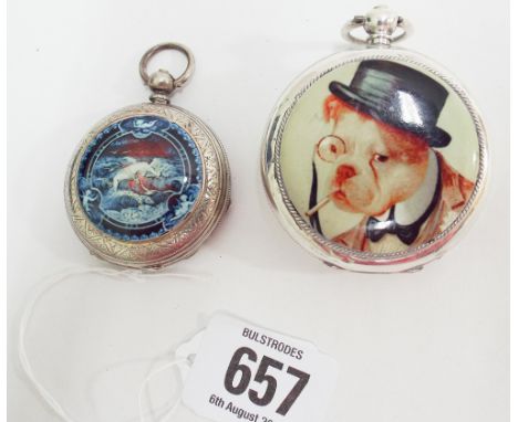2 late Victorian silver pocket watches, both with applied enamel, one depicting a pug dog the other classical scene 