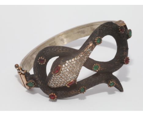 Unusual sterling snake design hinged bangle set with paste 