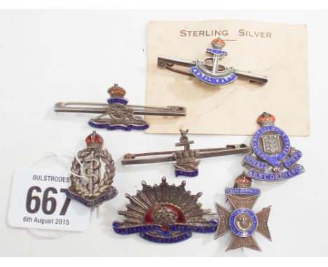 Group of 7 silver tie pins and sweetheart badges to include Australian, Imperial Forces, army medical core, army ordnance cor