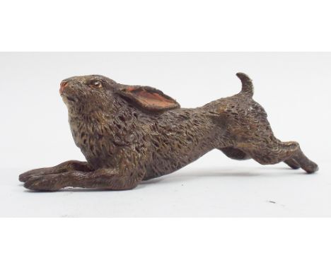 Novelty cold painted bronze model of a running hare 12cm long 