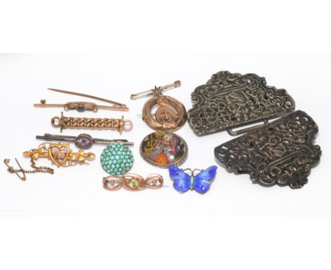 A collection of brooches to include 3 bar brooches marked 9ct, and a turquoise pave set button brooch, together with a silver
