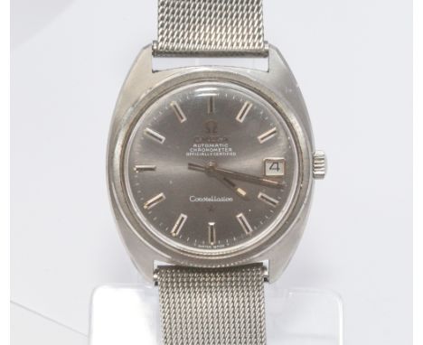Gents vintage Omega Automatic Constellation chronometer wristwatch, with calendar aperture and silver grey face, on associate