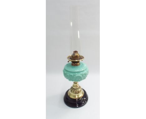 Victorian brass oil lamp with turquoise bowl 25" high overall 