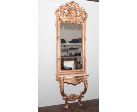 Gilt painted console table with shaped marble top together with matching mirror over 29" wide x 8'2 tall appx