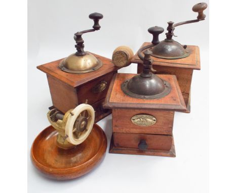 3 vintage coffee grinder, nut cracker and a rolling pin 