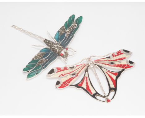 2 sterling silver and enamel set dragonfly brooches 