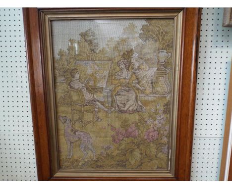 Oak framed tapestry picture of artist with subject and dog in foreground 56x42cm 