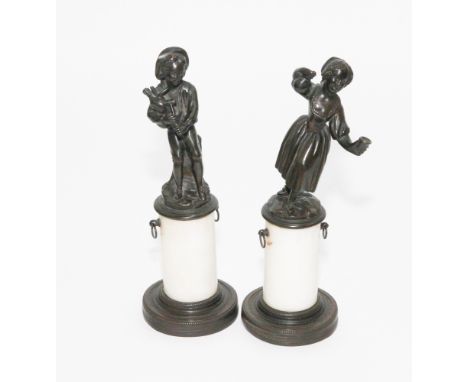 Pair of 19th century small bronze continental figures, one of a young boy with tools, the other a young girl with a carafe an