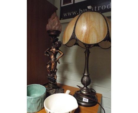 Figure table lamp, metal table lamp with Tiffany style shade and 2 china bowls 