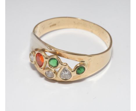 Modern ladies dress ring set with diamonds, emeralds and orange sapphire, Continental marks, ring size appx P