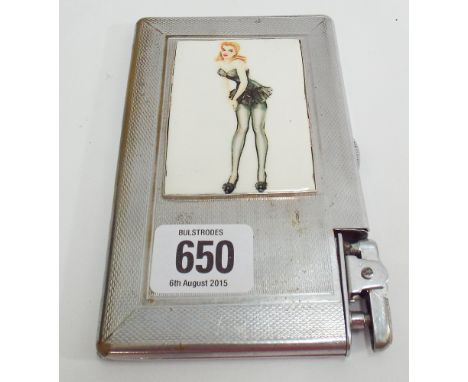 Vintage silver plated Mosda automatic cigarette lighter and case with applied enamel depicting varga girl to the front 