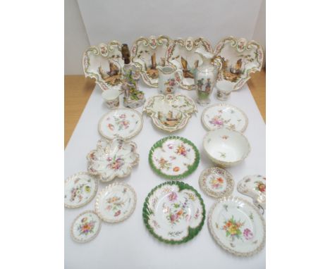 Collection of Dresden and other continental porcelain to include Cherub lamp base, leaf shaped dishes painted with maritime s