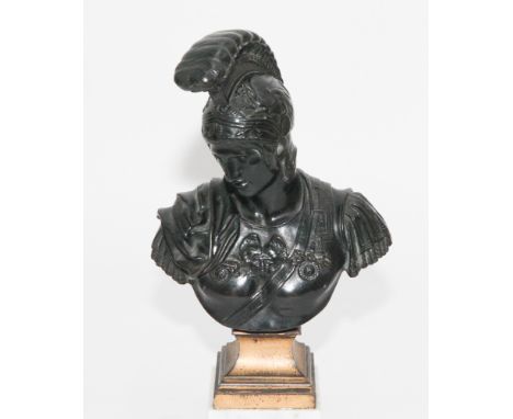 19th century bronze bust of a Roman soldier on a ormolu and white variegated marble base 26cm high 