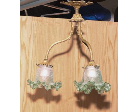 3 branch gilt metal hanging electric light pendant with green glass shades 