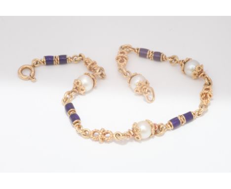 Pretty 18ct gold blue enamel and cultured pearl link bracelet.  Gross weight 7.9g