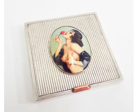 Hallmarked silver square cigarette case with applied over enamel panel of an erotic rose lady 