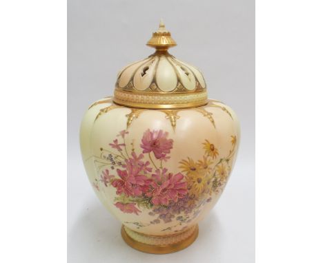 Royal Worcester blush ivory pot pourri vase and cover, large urn of pumpkin shaped form painted with bouquets of spring flowe