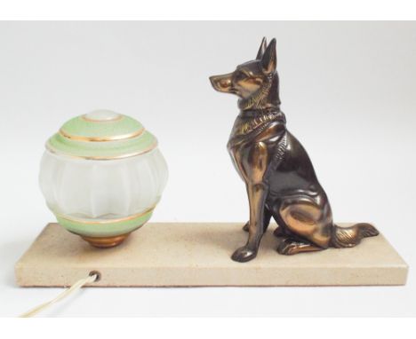 Small French table lamp with Alsatian dog on a marble plinth 30cm wide 