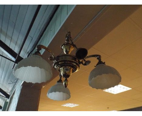 Heavy brass 3 branch electric light fitting with white glass shades 
