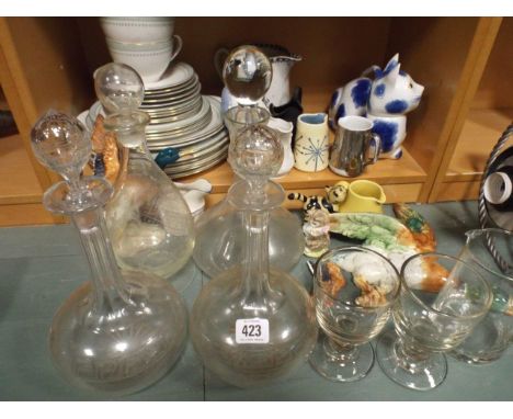 Part tea set, decanters, rummers, wall duck, cats and other ornaments 