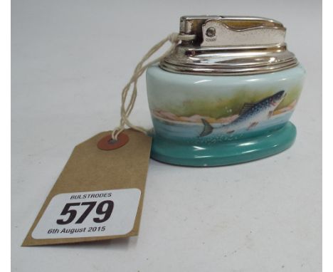 Ronson table lighter with Minton bone china base decorated with a leaping salmon and signed.  8cm wide   Condition - very tin