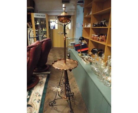 Black wrought iron and copper standard lamp with table top 