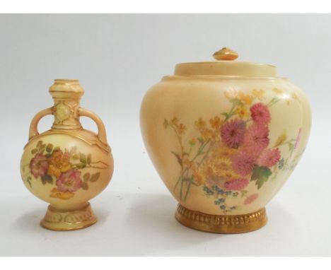 Royal Worcester blush ivory ginger jar with cover painted with floral sprays and a small twin handled vase - ginger jar 12cm,