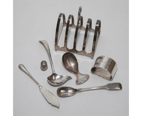 Small collection of silver items including a toast rack, caddy spoon, Victorian mustard spoon etc. 