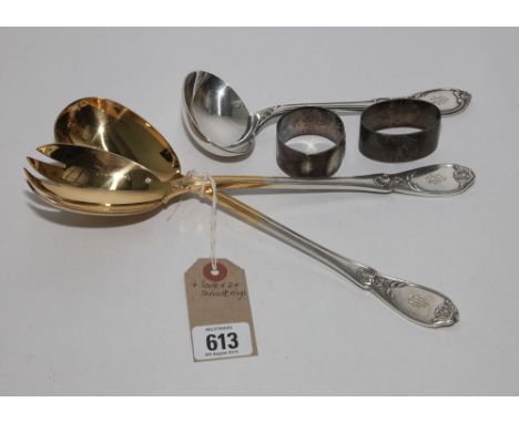 Pair of silver plated salad servers by Christofle, silver plated sauce ladle and 2 napkin rings 